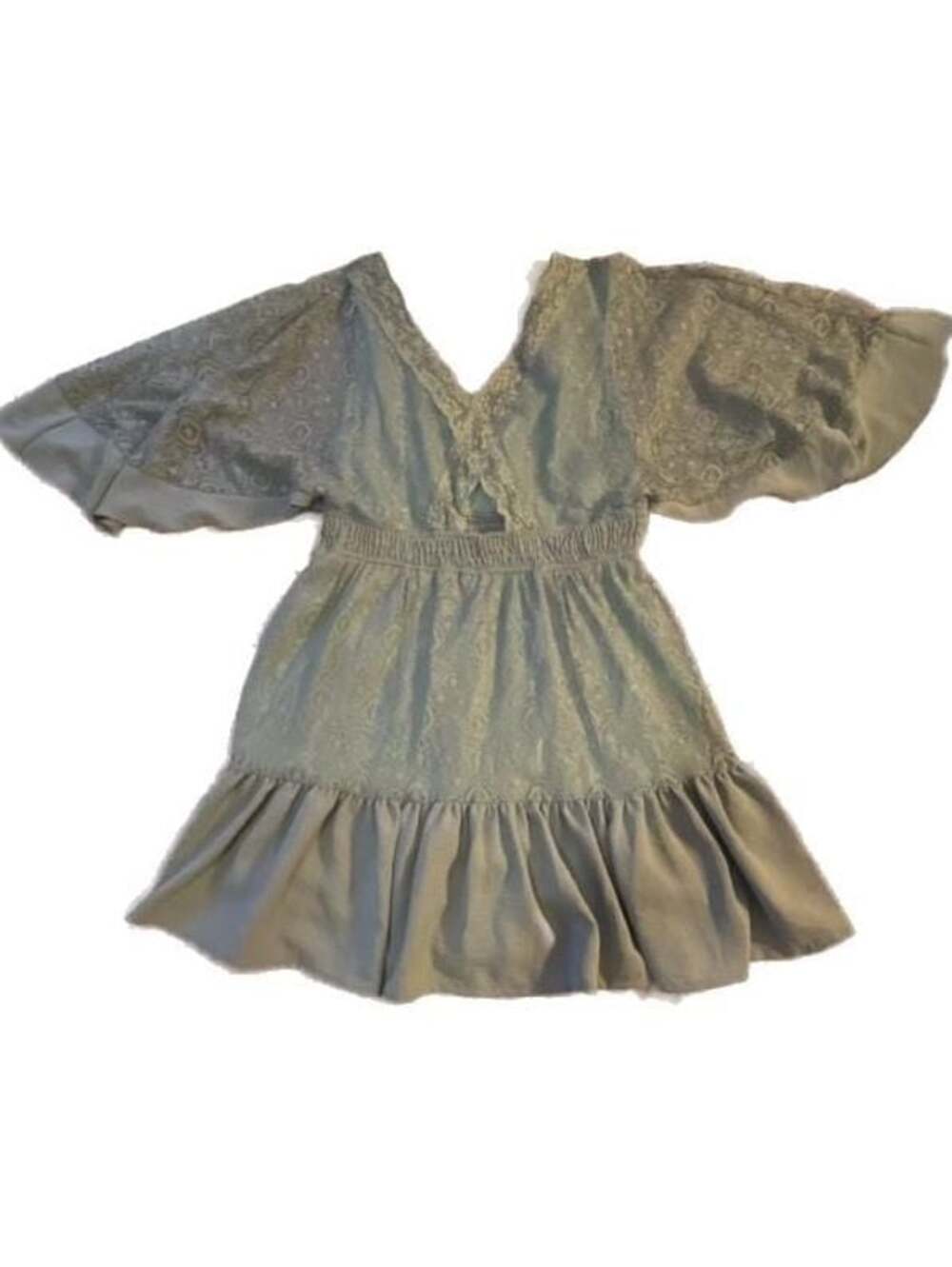 Bohemian Sage Green Lace Flutter Sleeve Romper with Button Detail